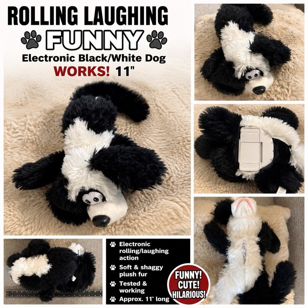 Rolling Laughing Funny Electronic Black White Plush Dog WORKS 11” Toy